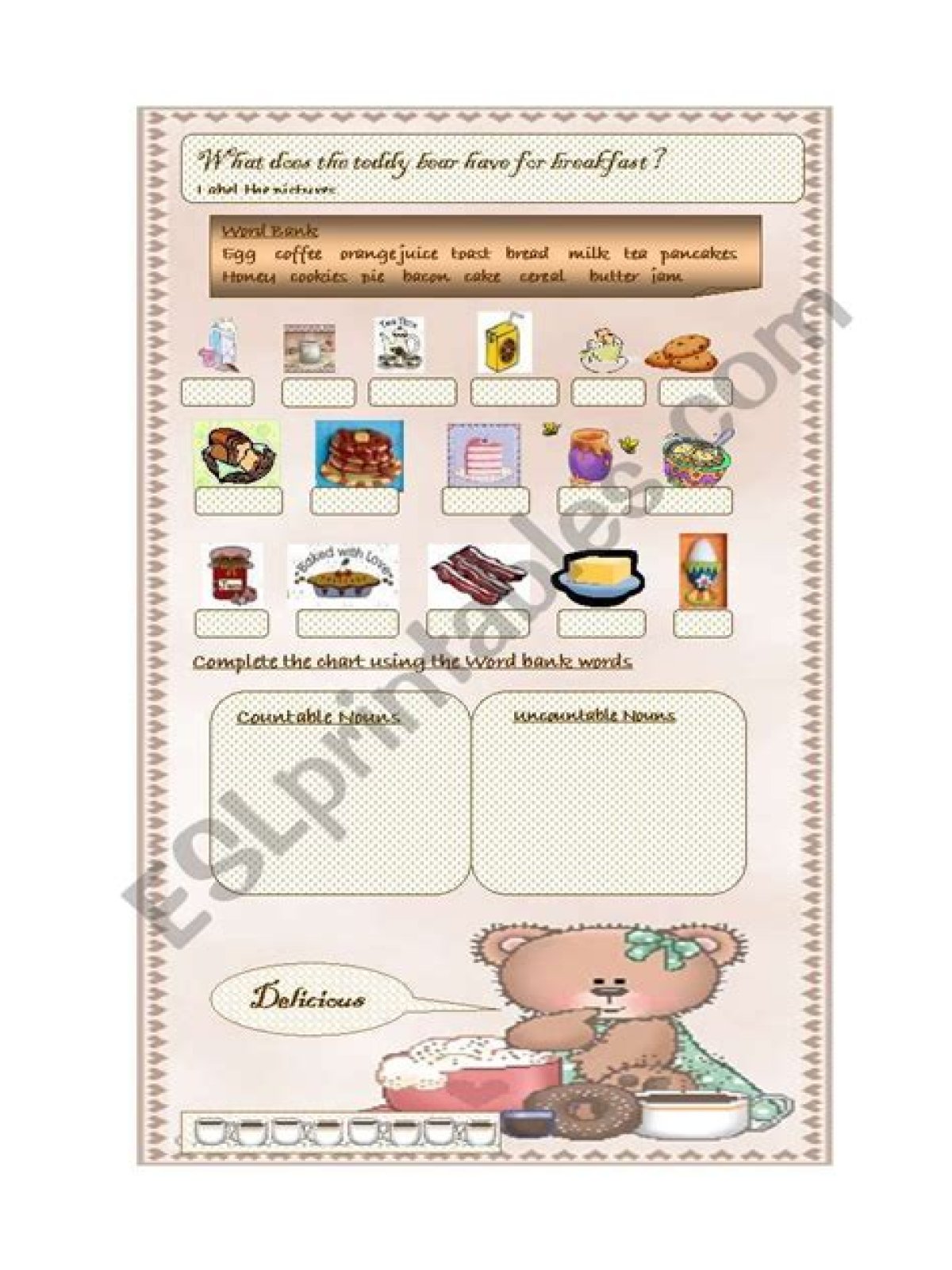 In breakfast countable or uncountable?