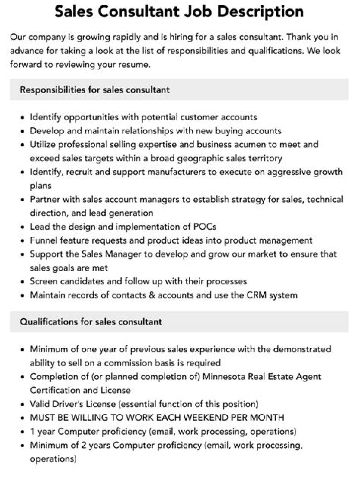 What is a sales consultant job description?